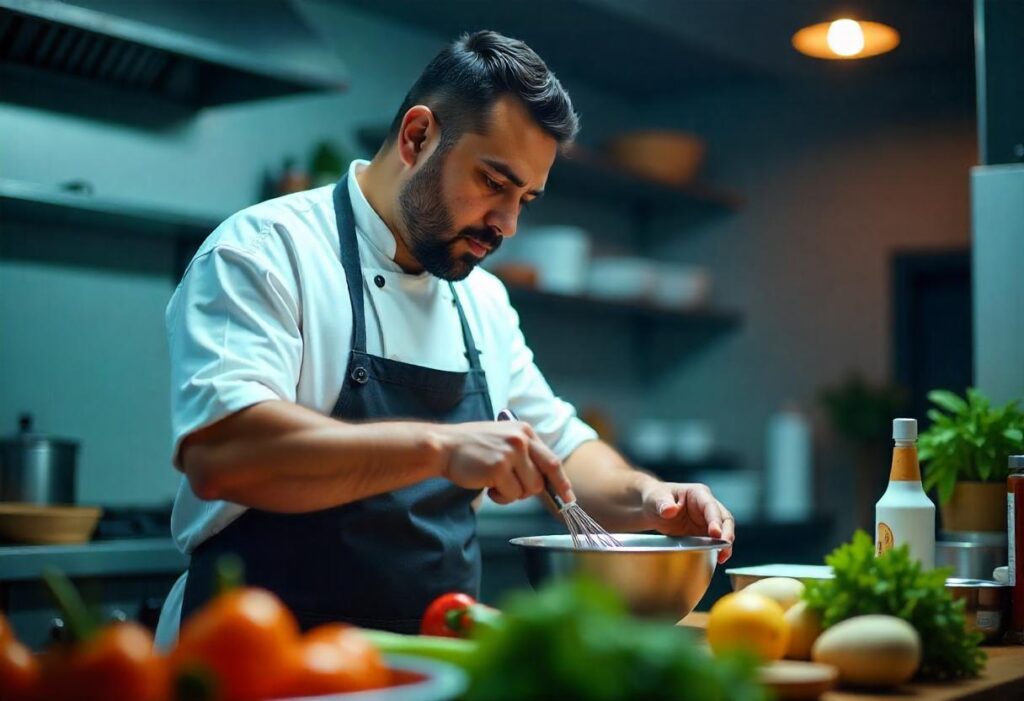 A person whisking burger bowl sauce in a glass mixing bowl in a clean, modern kitchen