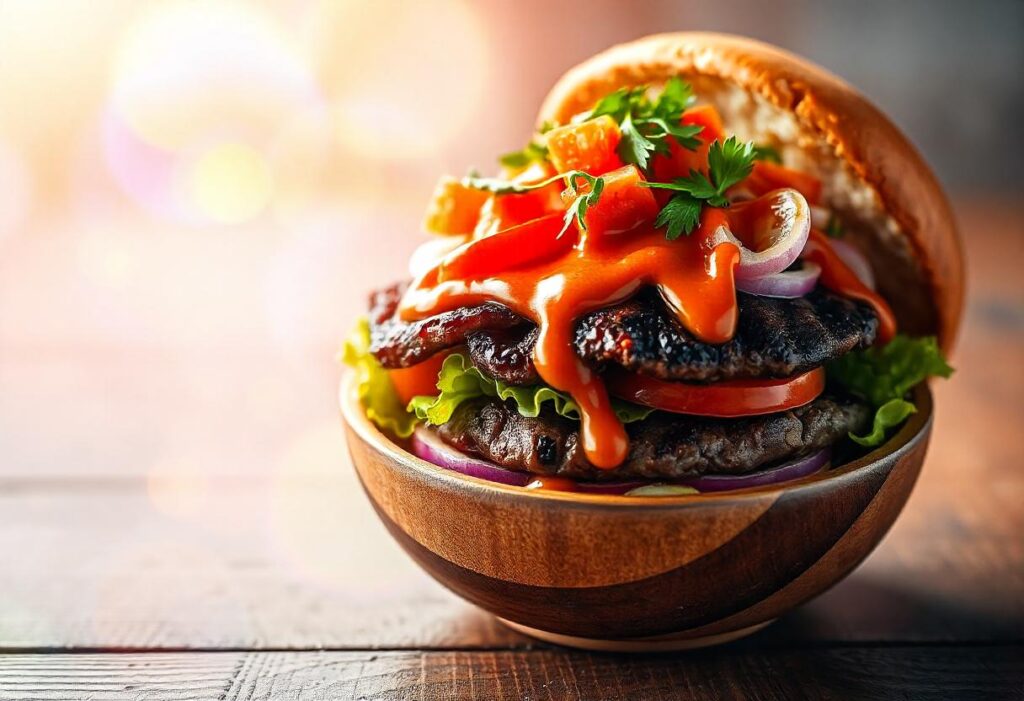 A freshly prepared burger bowl with roasted potatoes, protein, vegetables, and a drizzle of creamy burger bowl sauce.