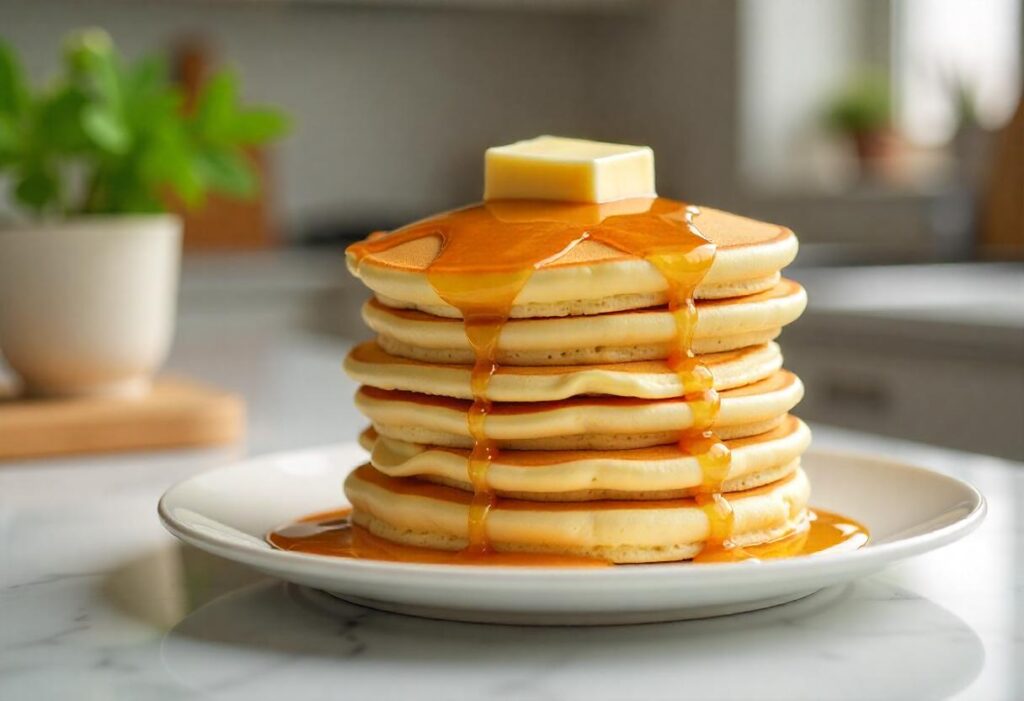 A stack of fluffy hotcakes with butter and syrup on top."
