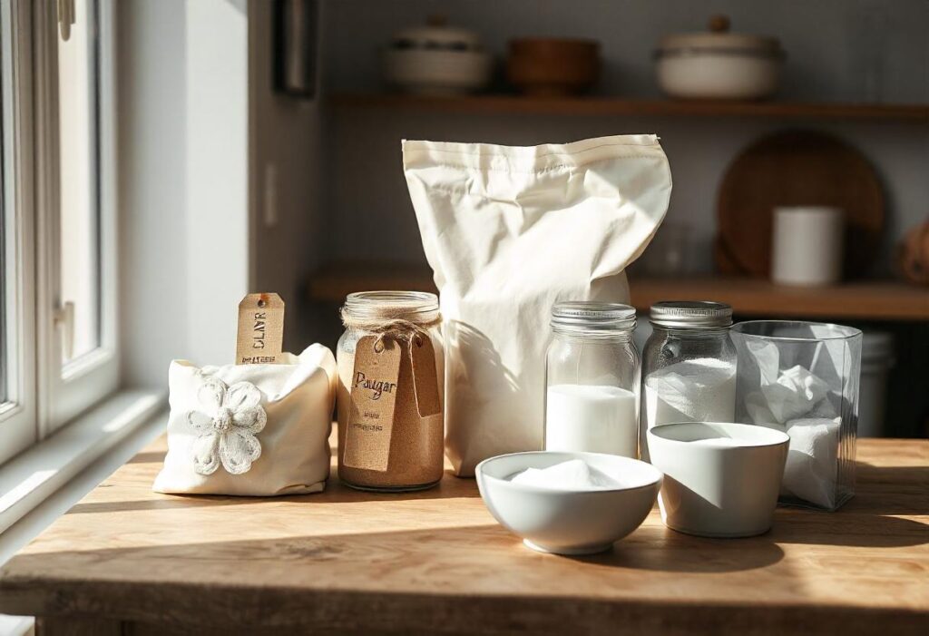 Ingredients for homemade hotcake mix, including flour, sugar, baking powder, and salt, arranged on a modern kitchen countertop