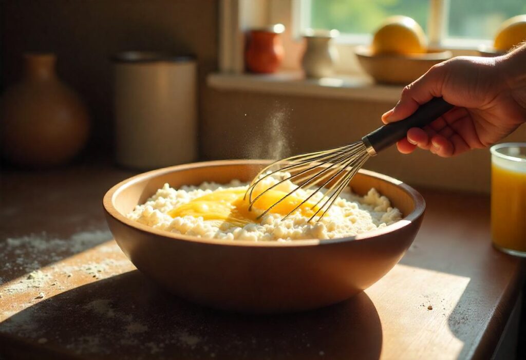 A person whisking hotcake batter in a glass bowl on a modern kitchen island