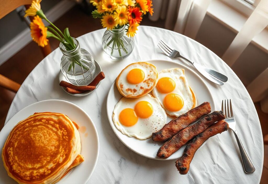 Golden brown hotcakes cooking on a nonstick skillet in a bright, modern kitchen