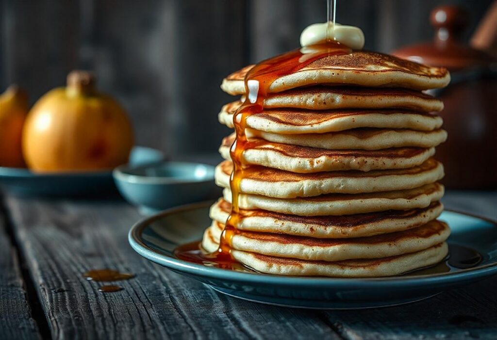 Stack of fluffy hotcakes and pancakes served with butter and syrup