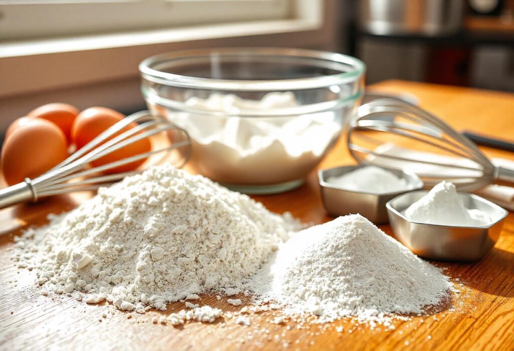 Baking ingredients like flour, sugar, baking powder, and salt on a modern kitchen countertop