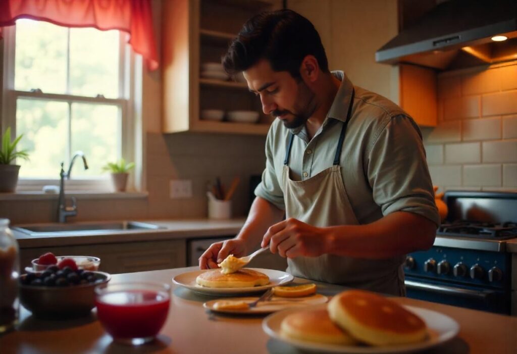 Person mixing hotcake batter with a whisk in a glass bowl in a bright, modern kitchen