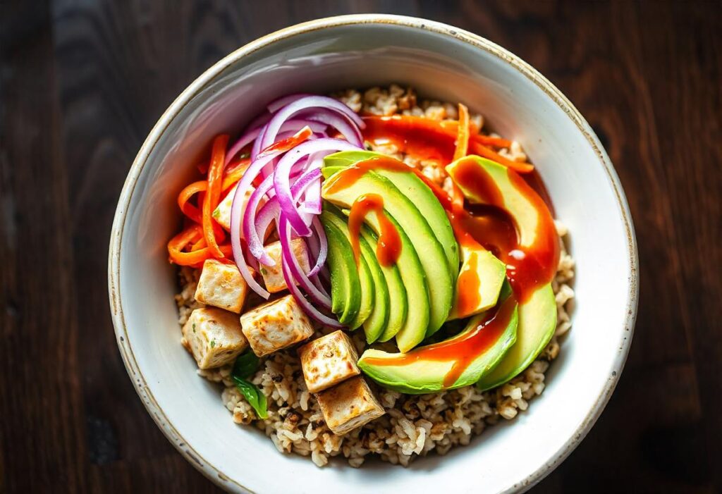 A vibrant burger bowl with rice, ground beef, fresh vegetables, and a drizzle of sauce served in a modern kitchen.
