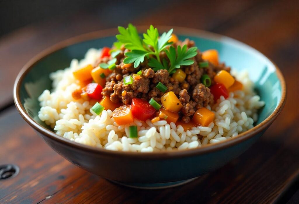 Steamed white rice in a bowl next to a variety of fresh toppings in a bright kitchen