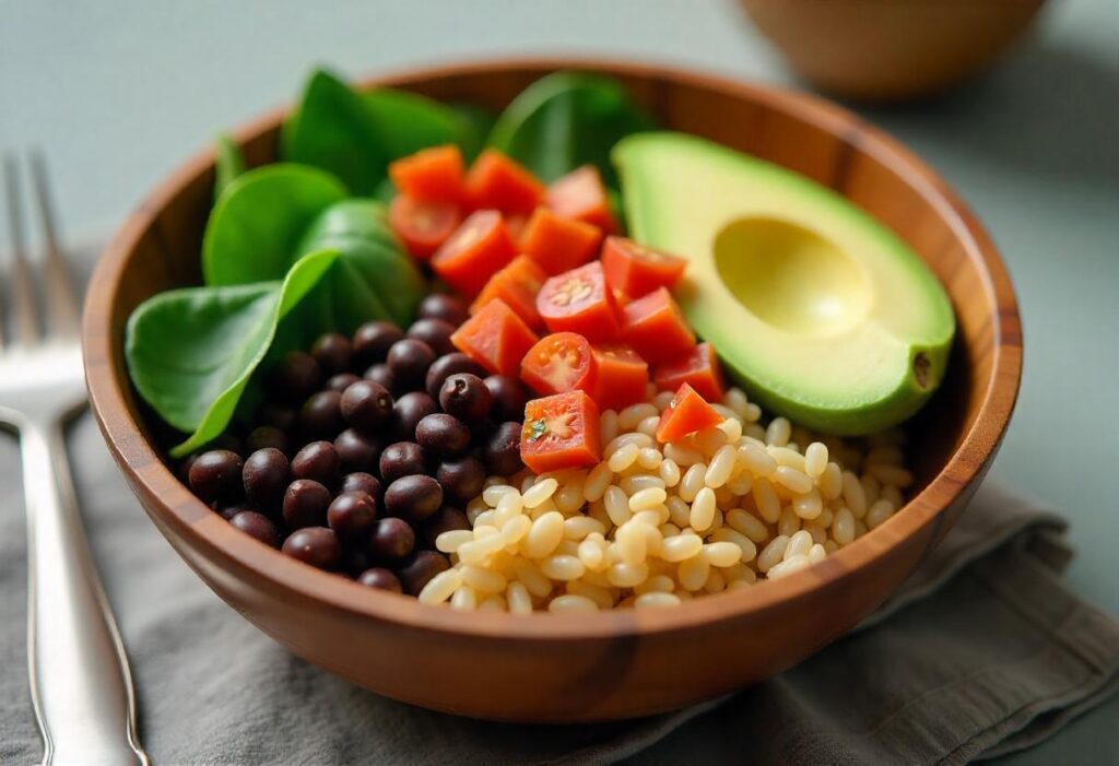 A modern kitchen counter with burger bowl ingredients being assembled: rice, grilled patties, and colorful vegetables.