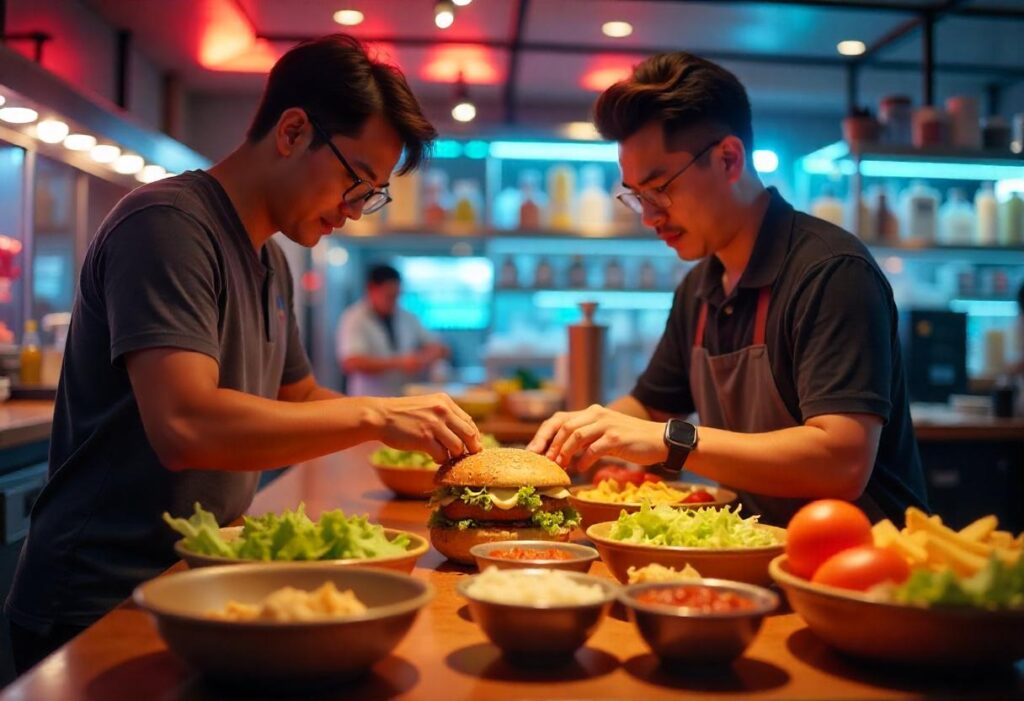 A DIY burger bowl bar with bowls of rice, proteins, vegetables, and sauces displayed on a kitchen island.