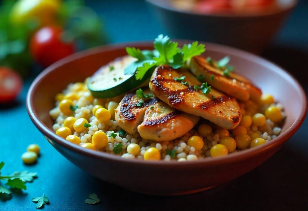 A vibrant healthy burger bowl with grilled chicken, fresh greens, quinoa, and colorful vegetables served in a modern kitchen.