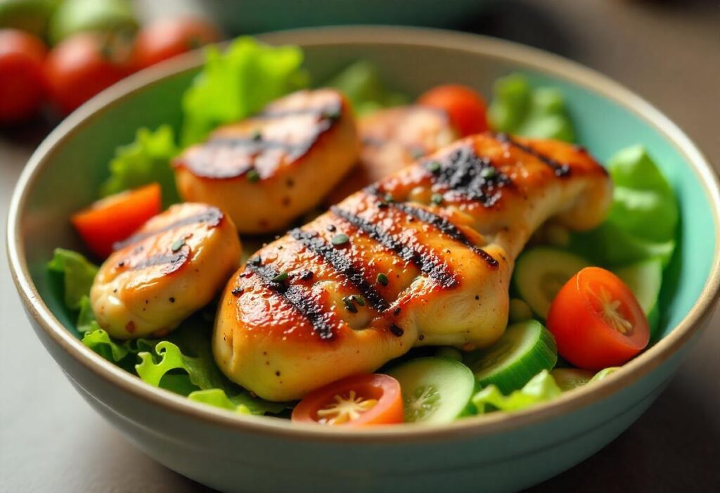 Grilled chicken breasts sizzling on a cast iron grill pan in a bright, clean kitchen.