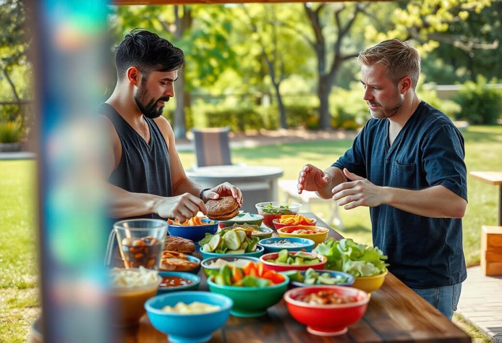 A DIY burger bowl bar with bowls of quinoa, leafy greens, diced proteins, fresh vegetables, and dressings displayed on a kitchen island.