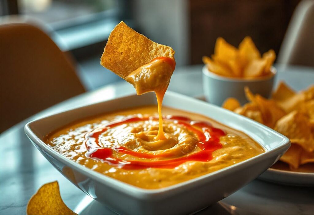 A saucepan on a stovetop with creamy cheese dip being whisked to perfection.