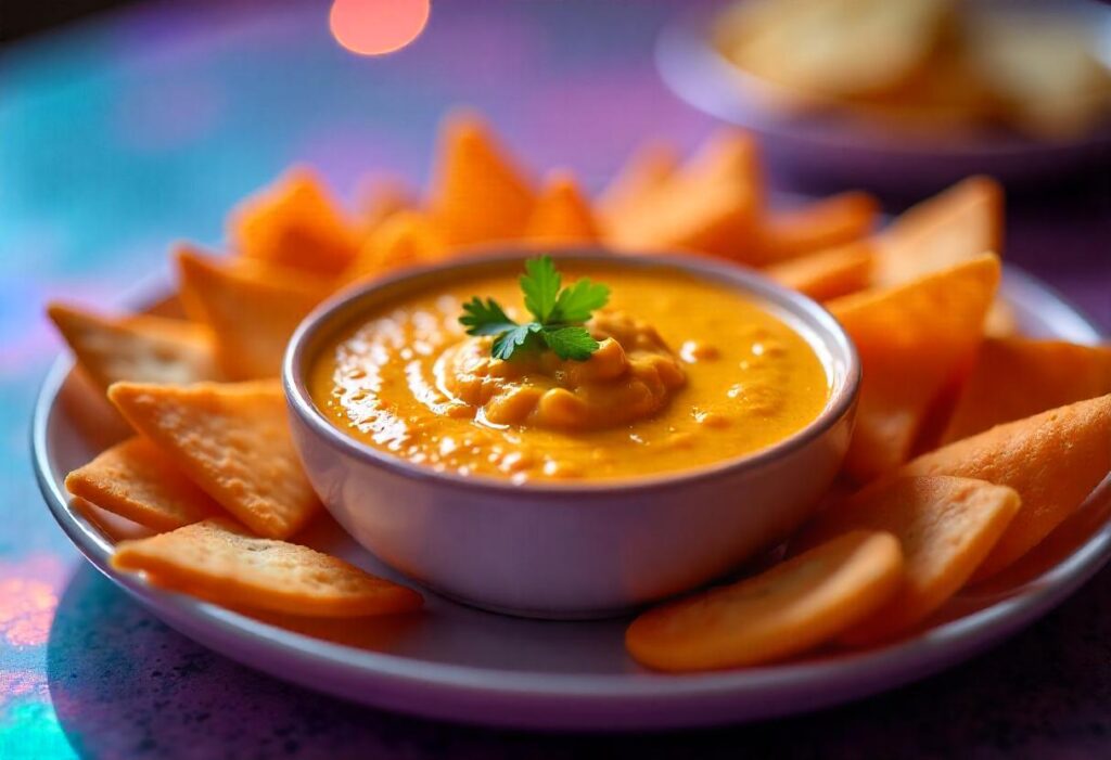 A party table with queso in a cast iron skillet and cheese dip in a ceramic bowl, surrounded by chips and veggies