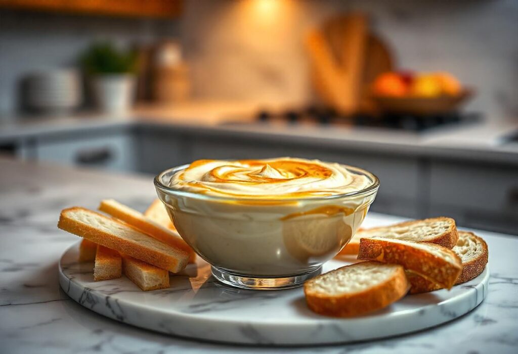 A smoked cheese dip bubbling in a cast iron skillet with wood chips in the background