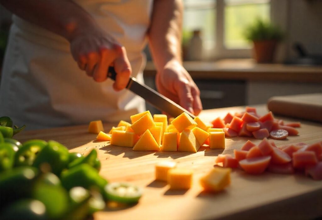 Cheese, diced jalapeños, and ground sausage arranged on a cutting board in a bright kitchen