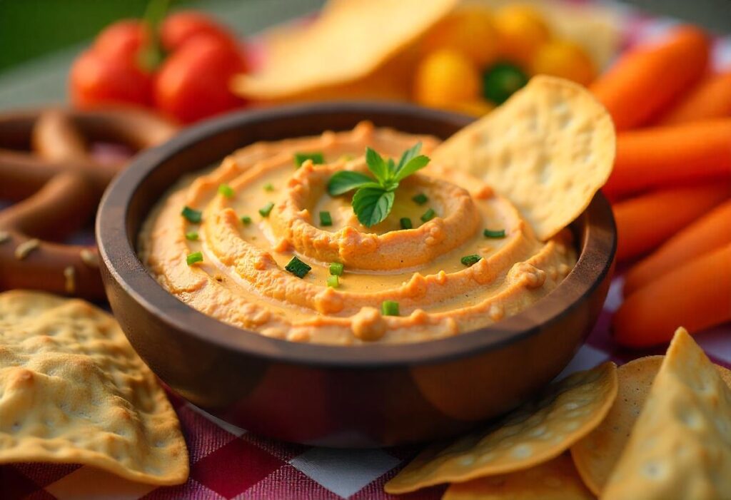 Smoked dip served warm with tortilla chips, pretzels, and veggie sticks on a party table