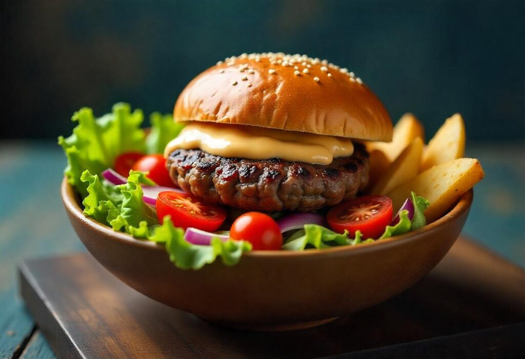 Burger bowl with potatoes garnished with fresh vegetables and sauce