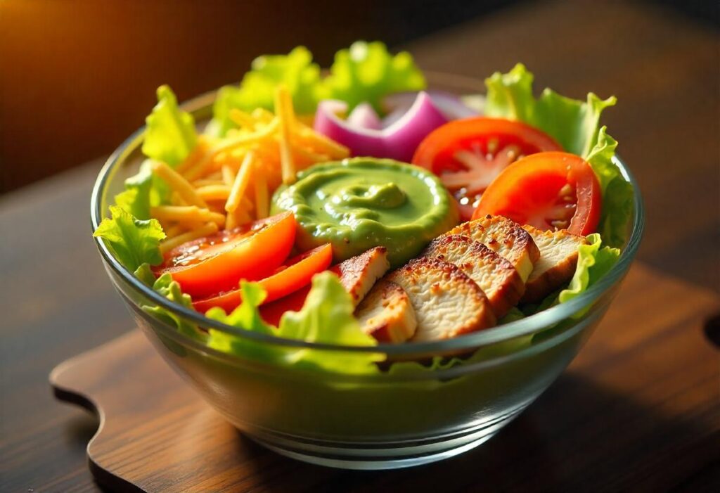 Fresh ingredients for a burger bowl including potatoes, ground beef, lettuce, tomatoes, and spices