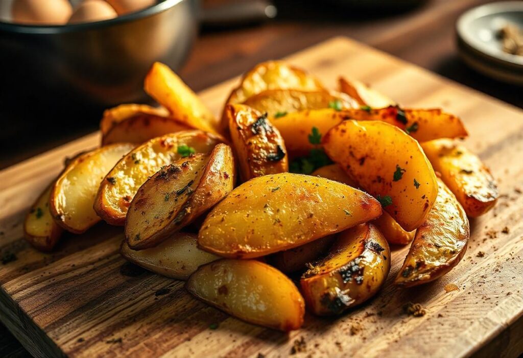 Chopped potatoes on a baking sheet, seasoned with olive oil and spices, ready to roast