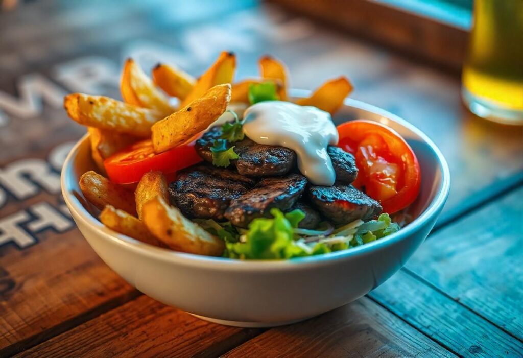 Assembled burger bowl with potatoes, beef, lettuce, tomatoes, pickles, and a drizzle of burger sauce