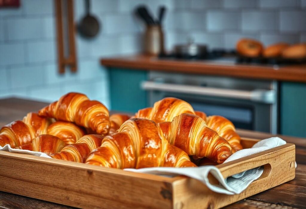 Golden, flaky croissants arranged on a wooden tray in a modern kitchen with butter and jam