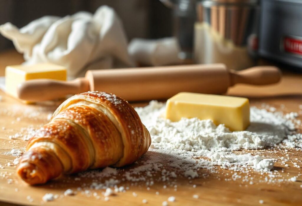 European-style butter and flour on a marble countertop in a well-lit kitchen.