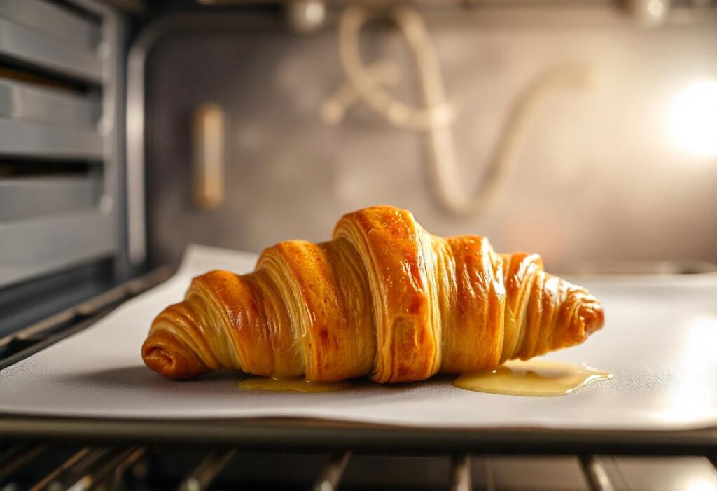 A croissant being reheated in an oven on a parchment-lined baking tray.