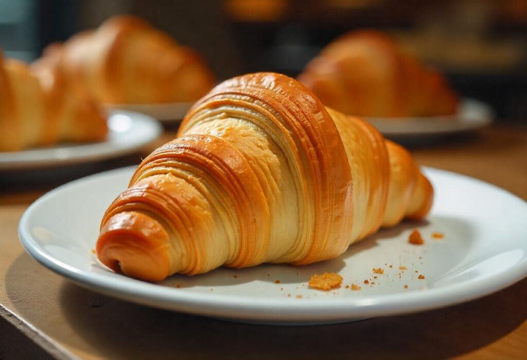 Golden, flaky croissants on a baking tray in a modern kitchen