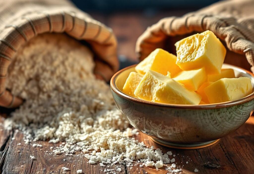 A block of European-style butter and flour on a marble countertop in a bright kitchen.