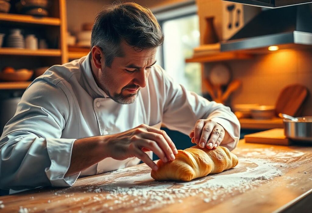 Croissant dough being folded and laminated on a lightly floured surface.