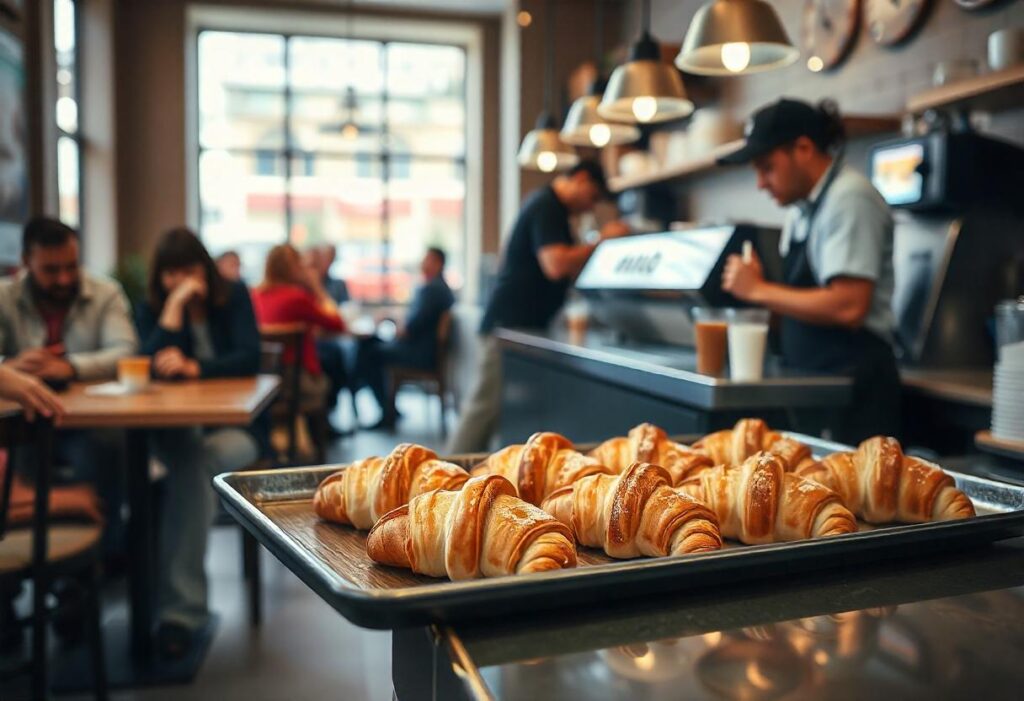 Shaped croissants proofing on a baking tray in a warm kitchen.