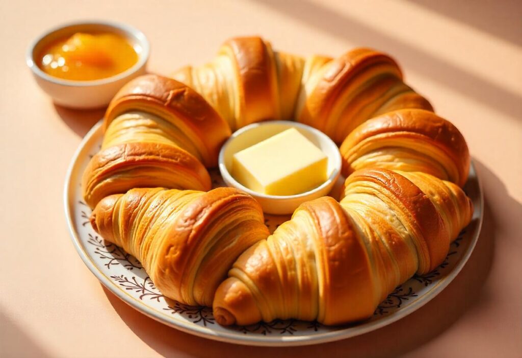 Freshly baked croissants on a wooden tray with butter and jam in a modern kitchen