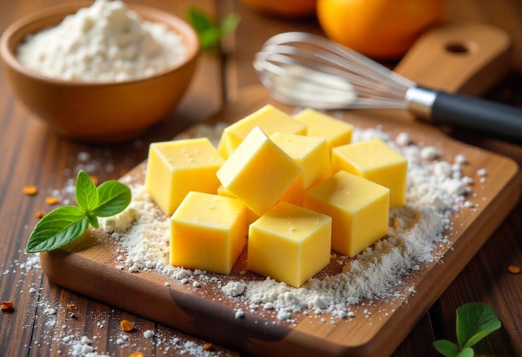  European-style butter and bread flour on a marble countertop in a bright kitchen