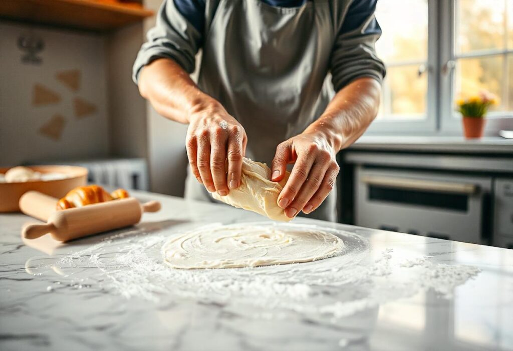 Croissant dough being laminated on a lightly floured surface with a rolling pin.