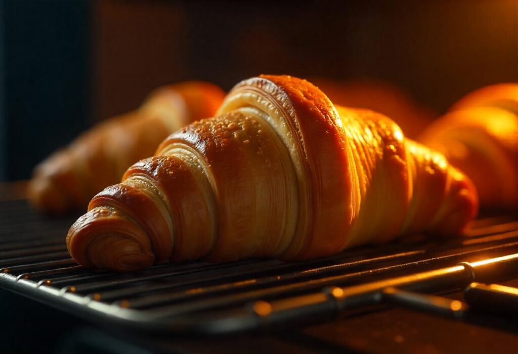 A croissant being reheated in the oven on a baking tray lined with parchment paper.