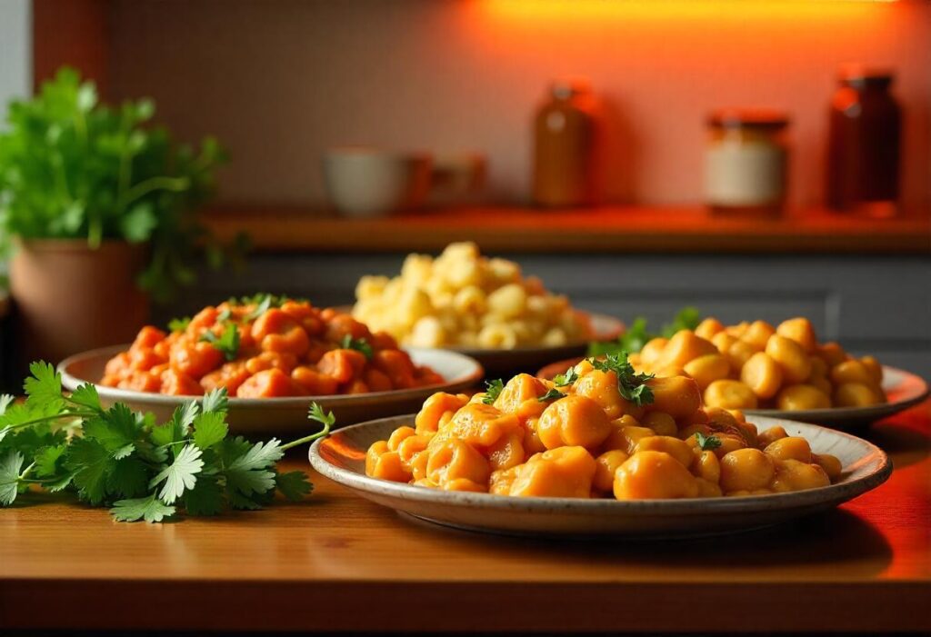 Trader Joe’s frozen meals displayed on a modern kitchen counter with fresh ingredients.