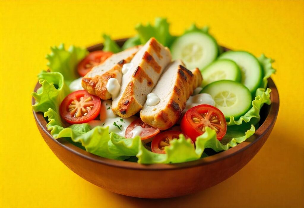 A vibrant burger bowl with beef patties, fresh greens, tomatoes, and a drizzle of sauce served in a modern kitchen.
