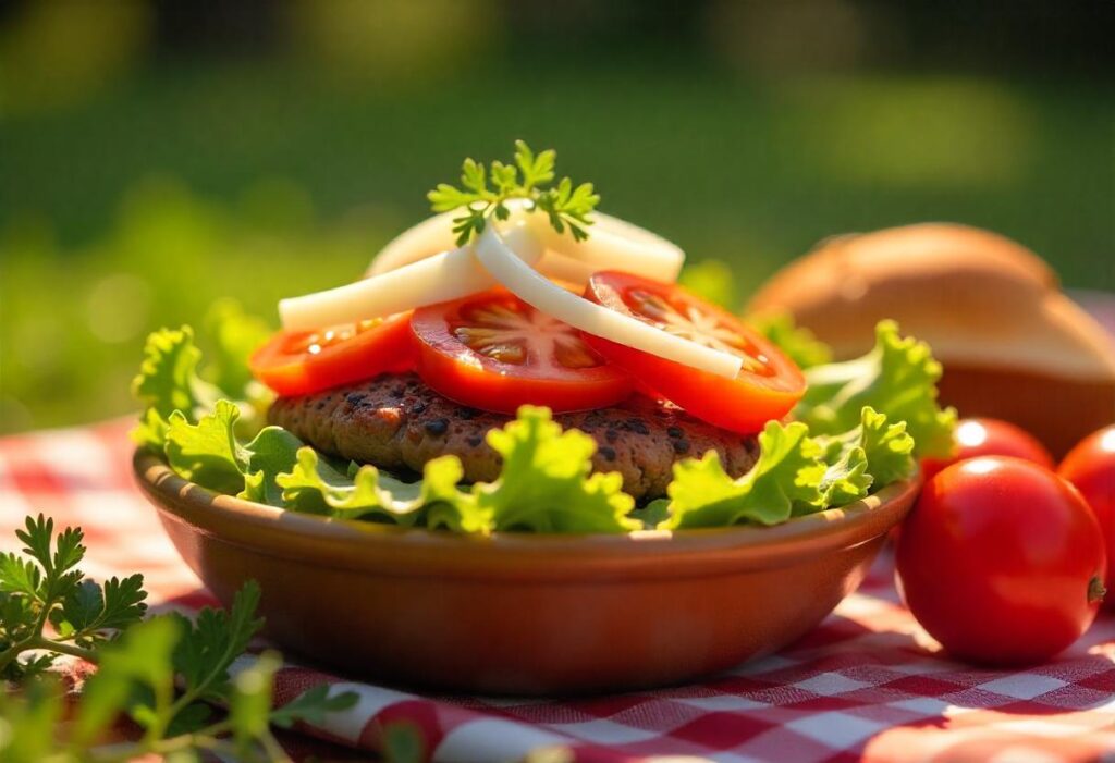 An assortment of fresh vegetables, including lettuce, tomatoes, and onions, arranged on a cutting board in a well-lit kitchen