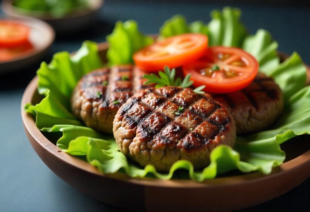 Juicy burger patties sizzling on a grill pan in a modern kitchen