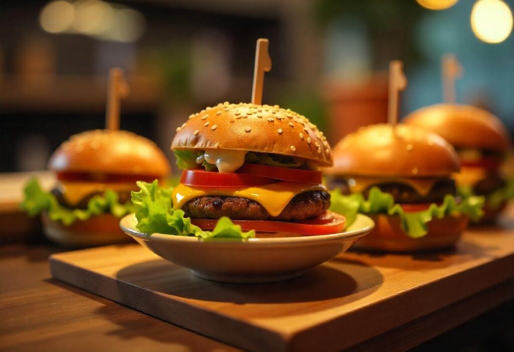 A burger bowl bar setup with bowls of toppings, sauces, and fresh greens displayed on a kitchen counter.
