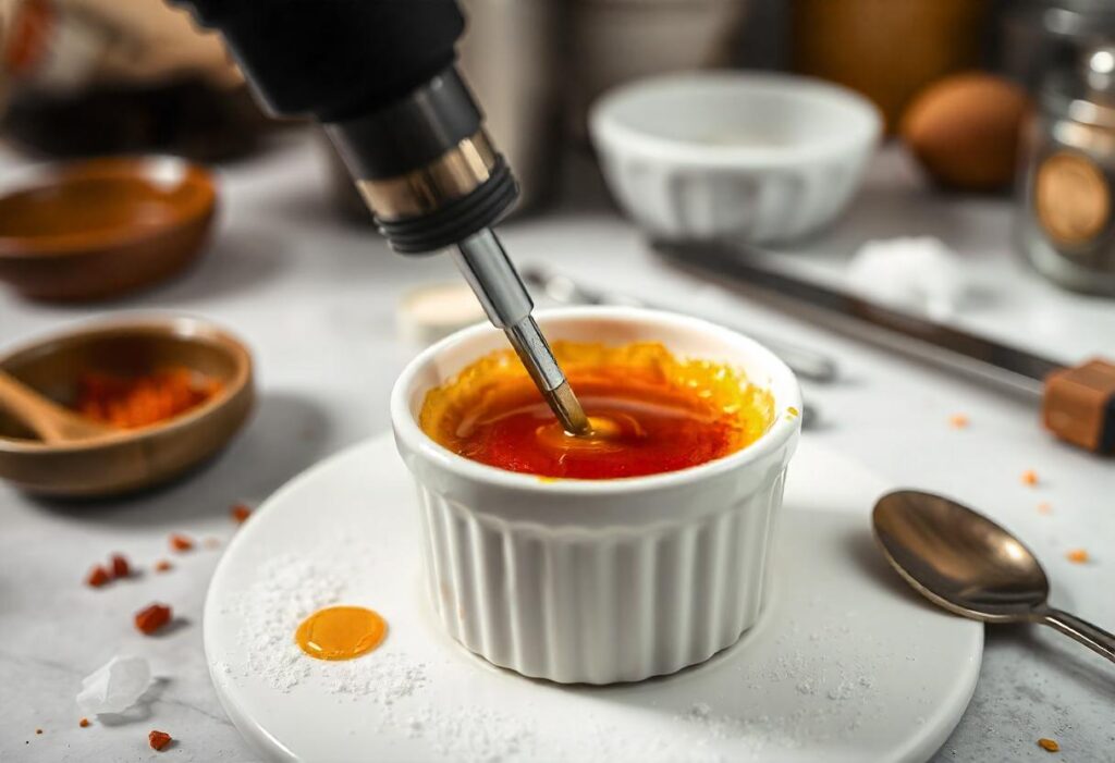 Caramelizing sugar on crème brûlée.