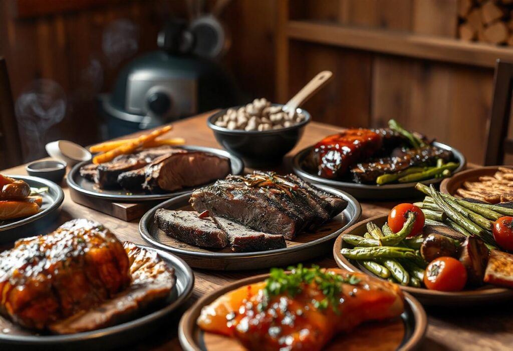 A variety of Traeger-grilled dishes on a rustic table