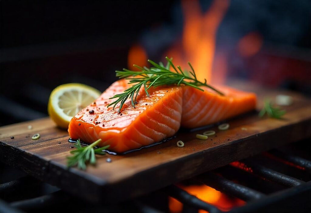 Cedar-plank salmon with lemon slices and dill.