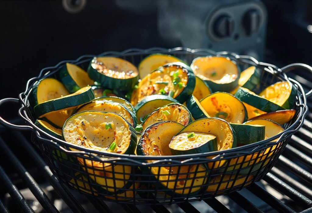 A tray of grilled zucchini and squash with herbs.