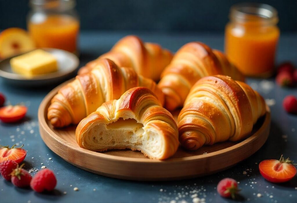 Freshly baked croissants on a wooden tray with butter and jam in a modern kitchen