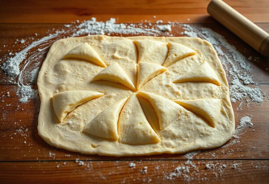 Croissant dough being rolled out and cut into triangles on a floured surface.