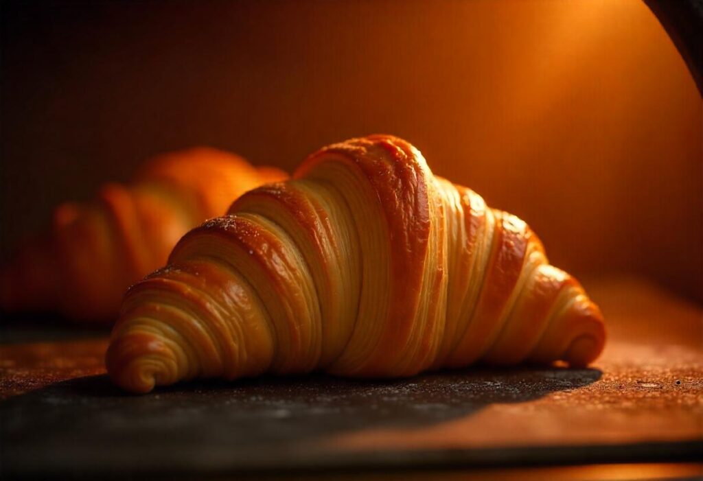 A croissant being reheated in an oven on a baking tray with parchment paper.