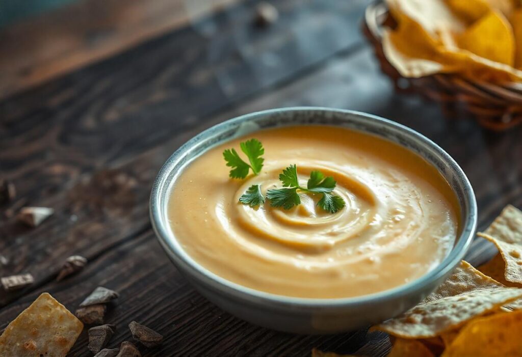 A bowl of smoked queso dip with wood chips and a smoking grill in the background.