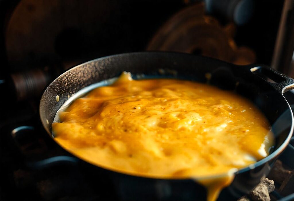 A cast iron skillet filled with queso cooking inside a smoker, with visible thin blue smoke from applewood.